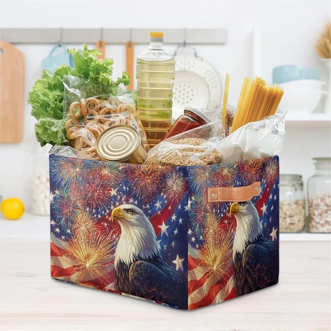 USA Flag Eagle Storage Baskets with Handles Fabric Storage Boxes Collapsible Nursery Basket for Shelves Book Cloth Closet Organizer Bins 15 X 11 X 9.5 IN