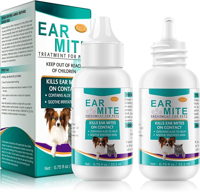 Ear Mite Treatment for Dogs and Cats,Ear Infection Treatment Drops,Relief for Dogs and Cats Suffering from Ear Mites, Pets Ear Cleaning Drops with Soothing Aloe for Dog & Cats (1.5 Fl Oz (Pack of 2))