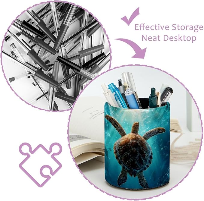 Faux Leather Pen Holder for Desk, Pencil Organizer Sea Turtle Pen Cup Desk Decor Makeup Brush Holder Storage for Office Home