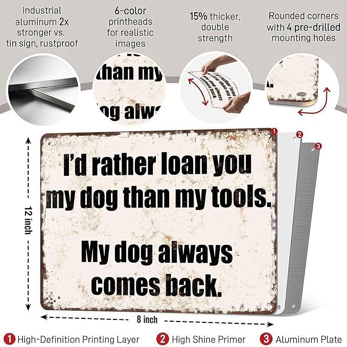 I'd Rather Loan You My Dog Than My Tools Pet Vintage Metal Wall Art Signs | Gift For Dog & Tool Enthusiasts, Garage, Workshop, Kennel, Entryway, Man Cave, Decor, 8X12 Inch