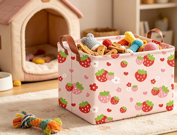 Rectangle Storage Basket with Handles,Collapsible Storage Bin,Books Box,Gift Basket(Strawberry)