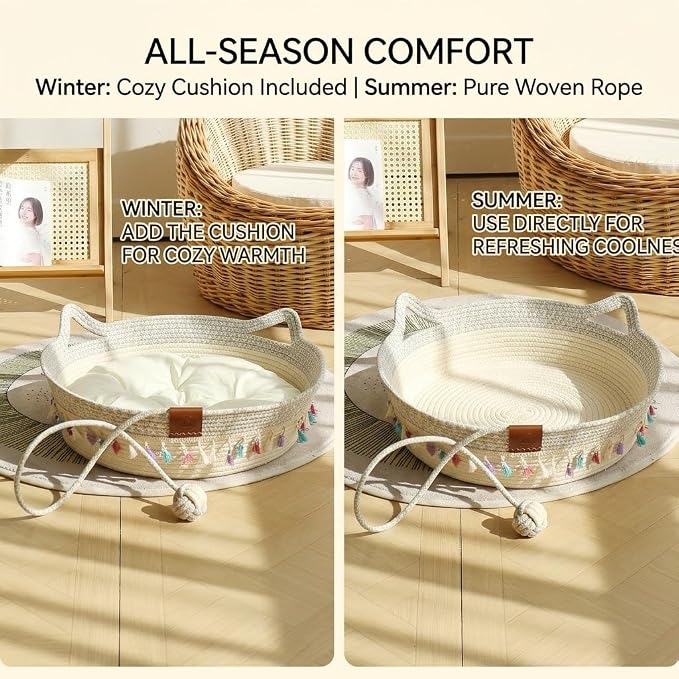 Cat Bed Basket with Soft Cushion & Play Ball - Cotton Rope Cat Beds for Indoor Cats, Kittens & Medium and Large Cat - Durable Handwoven Cat Scratching Bed with Decorative Tassels, All Season Universal