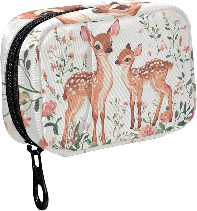 Fustylead Lovely Retro Fawn on Floral Background Travel Pill Case Bag with Zipper Weekly Pill Box 8 Compartments 7 Day Personal Pill Case Purse Medicine Case Organizer