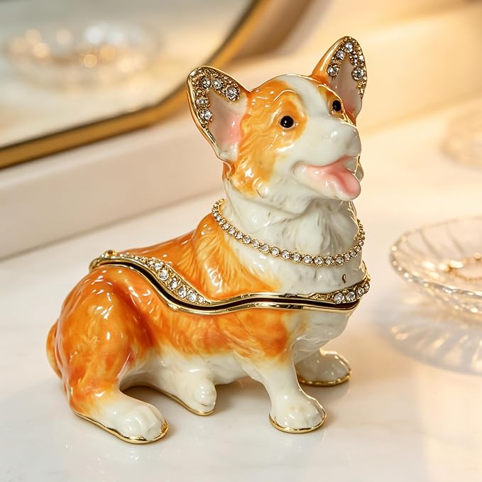 Hand Painted Rhinestone Welsh Corgi Enamel Trinket Box, Hinged Metal Vintage Jewelry Organizer