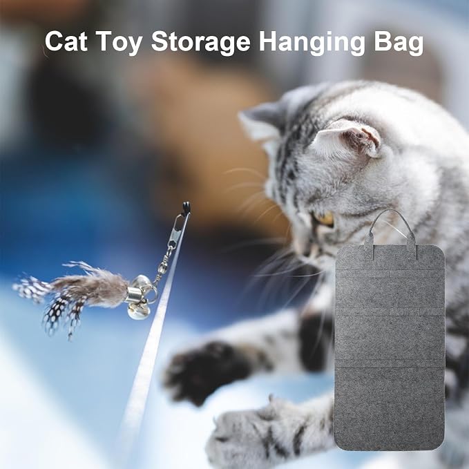 Cat Wand Toy Organizer Bag, Space Saving Felt Wall Storage Pouch for Cat to | Plume for Indoor Pet Toy Storage Mounted Doorknob Hook Solution Space Saving Wall Mount Door Felt Organizer Container