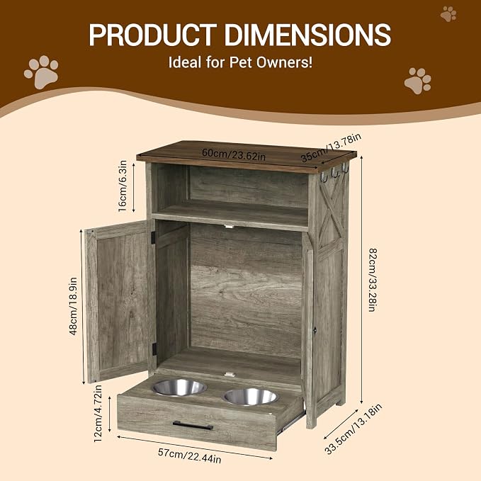 Dog Feeding Station with Storage Cabinet, Raised 2 Elevated Dog Bowls with Hidden Pull Out Drawer, Pet Feeder Organizer with 3 Side Hooks, Large Capacity Dog Food Storage Cabinet