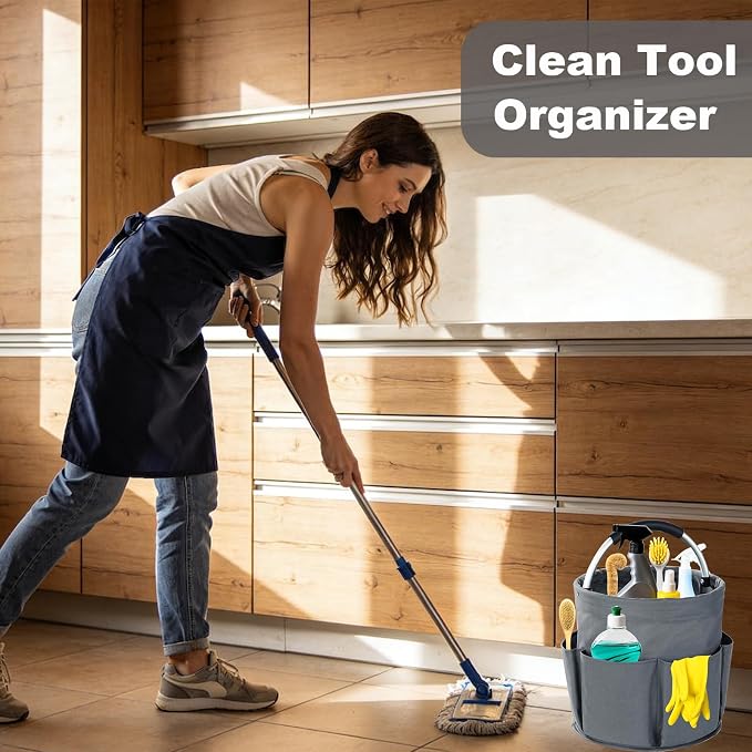 Cleaning Caddy with Handle, 17L Foldable Cleaning Supplies Organizer, Portable Storage Basket, Cleaning Supply Caddy, Multifunctional Cleaning Bucket Bag for Garden, Home, Kitchen (Grey)
