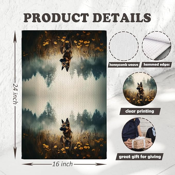 Chicimln Forest Wildflower German Shepherd Dog Kitchen Towels, German Shepherd Gifts Decorative Hand Towels for Bathroom, Dog Lover Gifts Dish Tea Towel Drying Cloth for Kitchen, 16x24 Inch