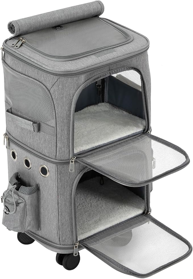 2-Tier Rolling Pet Carrier for Cats & Dogs, Removable Divider, Telescopic Handle, 4 Wheels, Breathable Mesh, Foldable, Large Portable Travel Crate with Side Pockets, 22lbs Capacity