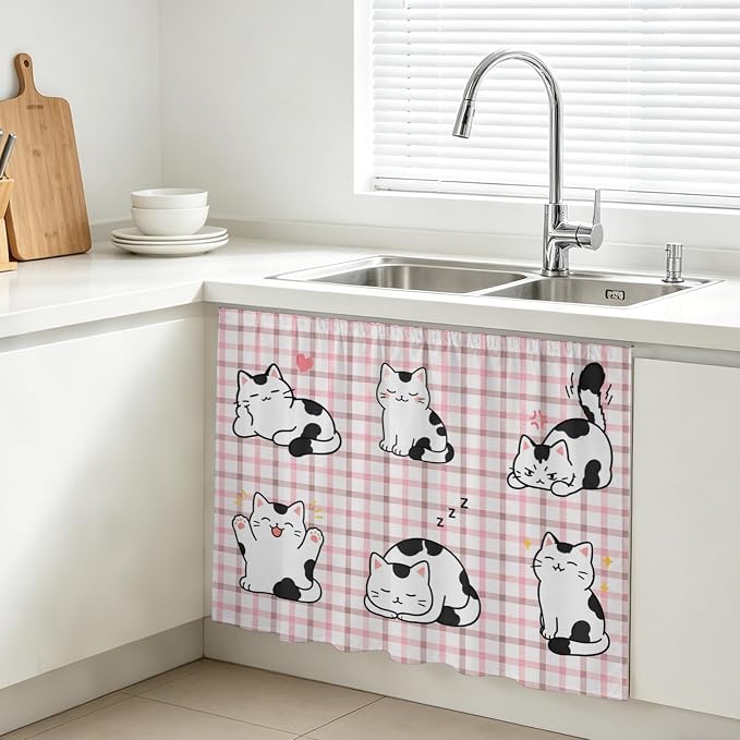 Cute Cat Sink Skirt 11"Wx13"L,Dustproof Under Sink Curtain with Self Adhesive Tape,Modern Playful Pet Cats Pink Brown Plaid Cabinet Curtain Cover for Bathroom Vanity,RV,Kitchen Cabinet Storage Shelf