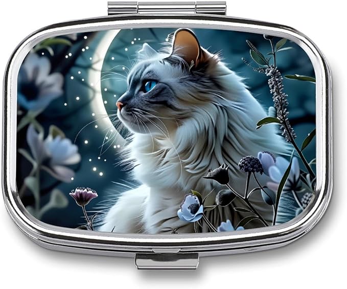 White Cat Pattern Durable Metal Pill Case for Daily Use, 2 Slot Medicine Box Organizer,Leak Proof Travel Pill Container for Vitamins, Compact Pocket Medicine Holder for Seniors,Holiday Gift