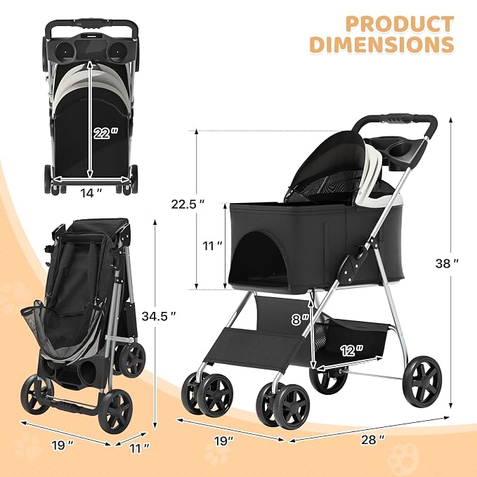 Magshion 3-in-1 Foldable Pet Stroller for Small to Medium Dogs and Cats | Dog Travel Jogger with Detachable Carrier, Cup Holder & Storage Basket, For Small/Medium Dogs & Cats Up to 33 lbs