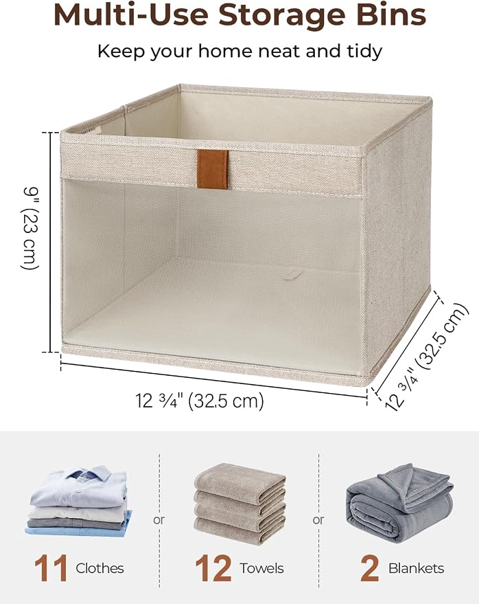 StorageWorks Fabric Storage Bins, Storage Basket, Brown and Beige, 3-Pack | See-Through Mesh Front, Soft Leather Handles, Flip to Show/Hide, Collapsible, Holds Clothes, Towels, Blankets, Toys