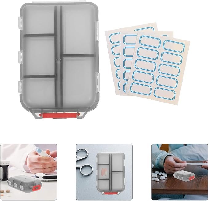10-Compartment Portable Pill Organizer with 30 Sticker Labels, Small Travel Pill Case and Medication Storage, Compact Pocket Container for Purse Use