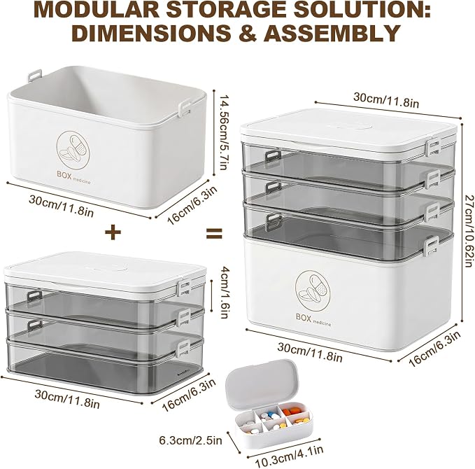 4-Tier Medicine Storage Organizer with Portable Pill Case, Portable First Aid Box with Removable Layers, Clear Medical Storage Box for Medicines, Vitamins & Emergency Supplies