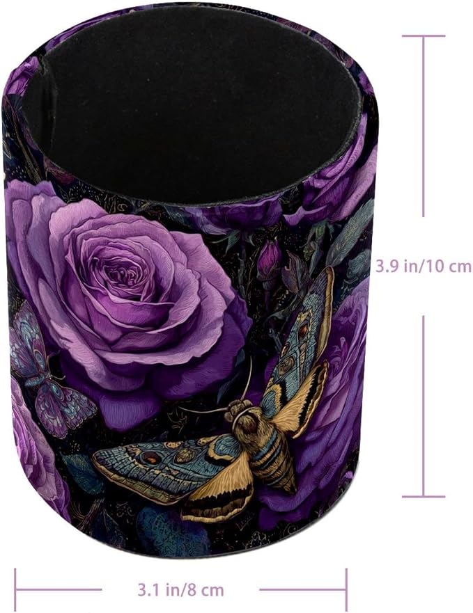 Faux Leather Pen Holder for Desk, Pencil Organizer Purple Flowers Pen Cup Desk Decor Makeup Brush Holder Storage for Office Home