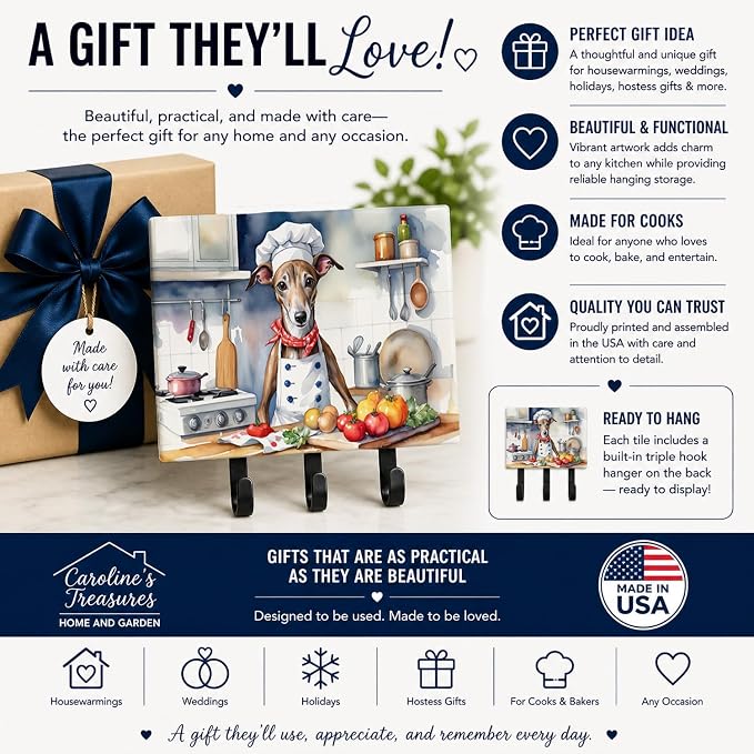 Caroline's Treasures Greyhound The Chef Leash or Key Holder Wall Hooks, Key Hooks Holder, Coat Rack Wall Mount, Coat Hooks, Hooks for Hanging Keys, Towels, Aprons, Leashes | Greyhound The Chef artwork on ceramic tile with three steel hooks for keys, le...
