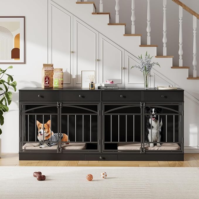 Dog Crate Furniture for 2 Dogs, Double Dog Crate TV Stand, Black | 78.7'' Large Dog Kennel Indoor, 4 Storage Drawers and Feeding Bowls, Pet Kennel for Small and Medium Dogs