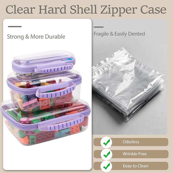 3 Pack Clear Hard Shell Zipper Storage Case Deep Capacity Organizer Pouches | PET Waterproof Transparent Bags with Handle 1.2mm Thick for Makeup Toiletries Cosmetics Toys Art Supplies Travel Essentials