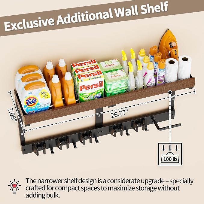 Broom and Mop Organizer Wall Hanging, Broom Hanger Holder Wall Mount | 3-in-1 Mop and Broom Holder Wall Mount with Storage Shelf & Vacuum Organizer,5 Racks,5 Hooks for Garage,Kitchen,Laundry Room