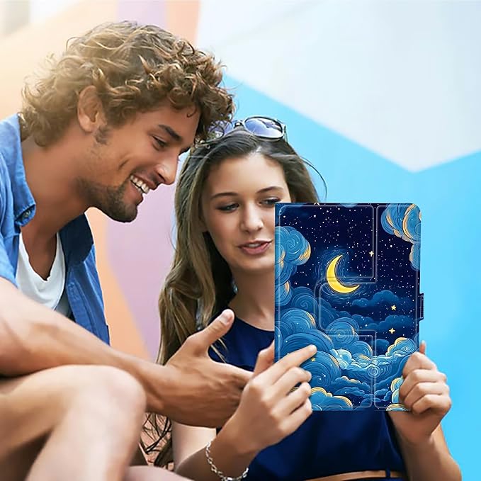 Universal Tablet Case for T-Mobile Revvl Tab 2 10.1" 2025/Revvl Tab 5G 10.36" 2023, 360 Degree Rotating Kickstand Protective Stand PU Leather Shell Cover for 9"-10.5", Moon Blue Clouds