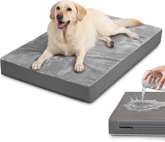 Waterproof Large Dog Bed, Washable Outdoor XL Pet Foam Pad 44x32 Anti-Slip | Extra Large Orthopedic Pet Bed, Durable Removable Cover, Reversible Faux Leather & Flannel, Dog Sleeping Mats,Gray