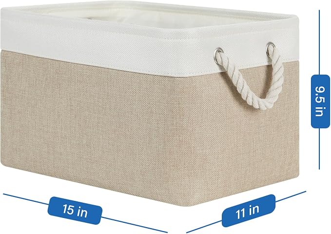 Temary Fabric Storage Baskets 4Pack Storage Bins Decorative Basket for Gift, Clothes Bin with Rope Handle, Rectangle Baskets for Storage, Blankets(White&Khaki,15x11x9.5 inch)