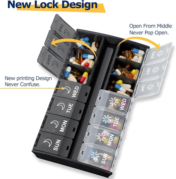 Mossime XL Pill Organizer 2 Times a Day, 7 Day Am Pm Pill Box | Extra Large Holds 14 Fish Oils, Detachable Hinged Lids, Lock Design, BPA Free PP, for Travel & Seniors