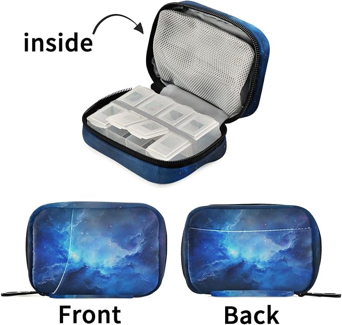 Fustylead Beautiful Blue Cosmic Nebula Pill Organizer and Storage Weekly with Zipper, Removable Pill Box Portable Medicine Organizer for Vitamin Fish Oil Supplement