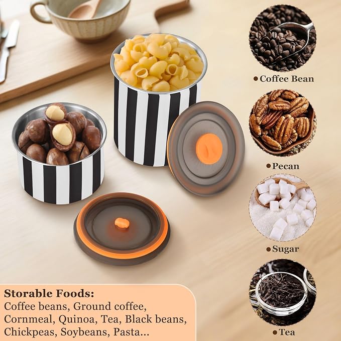 Black and White Stripes Airtight Food Canister, 30oz Stainless Steel Storage Jar for Coffee Beans Tea Grains Snacks, Kitchen Organizer Decor