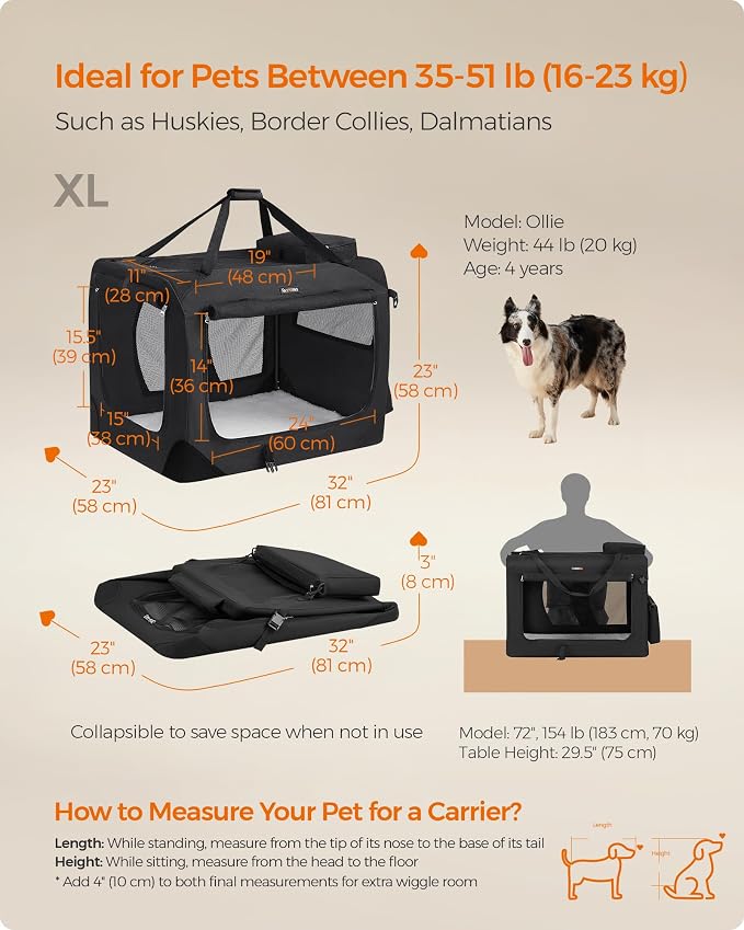 Feandrea Collapsible Soft Dog Crate, Portable Travel, 32 Inches | Dog Carrier Kennel with Safety Zippers for Living Room, Car, Travelling, Black UPDC80H