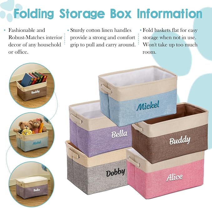 Ulico Personalized Dog Toy Storage Basket, Collapsible Pet Storage Organizer Box with Handles, Custom Dog Toy Bin with Pet's Name Cat Toy Storage Gift for Dog Lovers（Grey Blue）