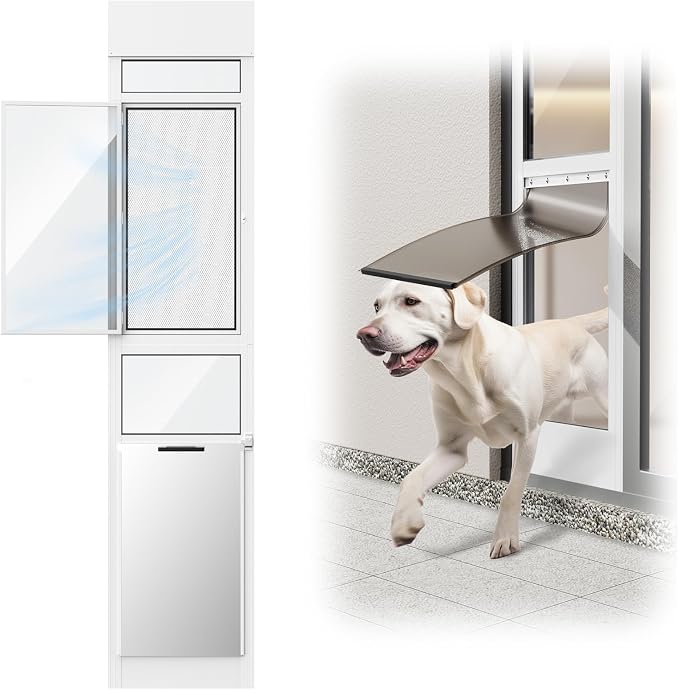 Doggy Door for Sliding Glass Door, Adjustable Height 75 3/5" to 80" Sliding Door Doggie Door Insert with Screen Design, Suitable for X-Large Dogs Up to 200 lbs, New