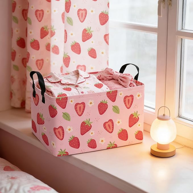 Rectangular Collapsible Storage Basket Toy Organizer Flower Strawberry | Storage Bin Foldable Canvas with Handles for Organizing Home Kitchen Children Toys Office Closet Shelf Baskets
