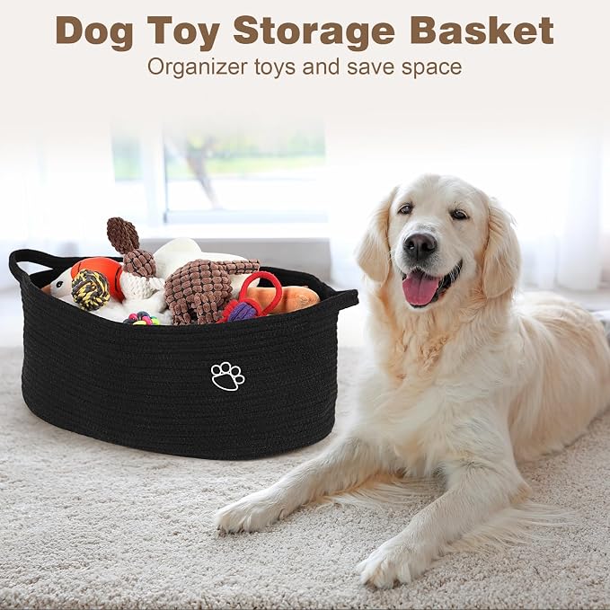 Optish 40L Extra Large Dog Toy Basket, 20" x 14" x 9" XL Toy Storage Box and Bin with Handles, Woven Cotton Rope Foldable Basket for Blankets, Living Room, Bedroom, Home Decor, Black