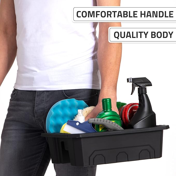 CANOPUS Storage Tray Tote with Functional Holes - 2 PCs Plastic Cleaning Caddy with Handle, Portable Caddy, Undersink Storage for Kitchen, Shoe Cleaning Box, Products Organizer, Black