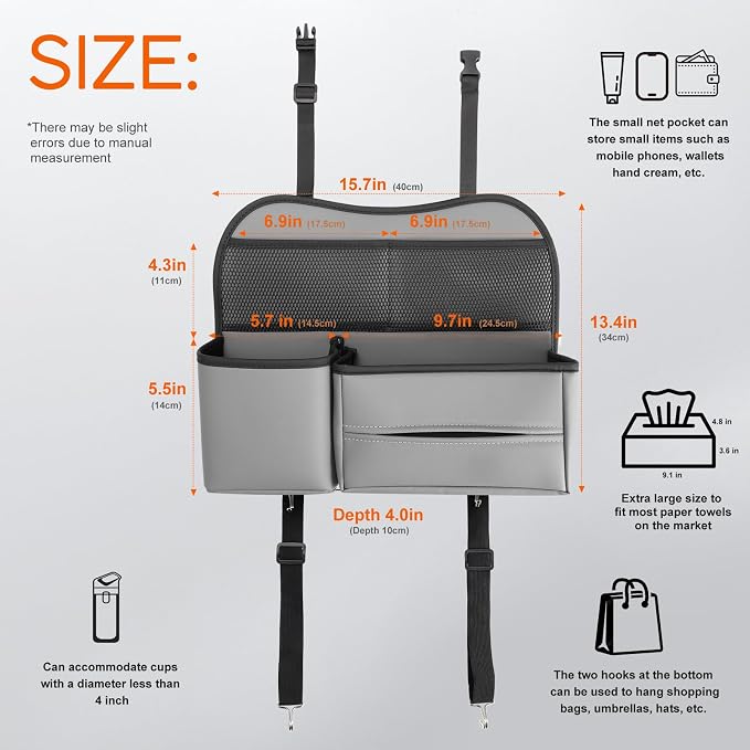Multifunctional Car Seat Back Organizer with Large Tissue Box Holder, Large Water Bottle Storage, Phone Pouch for Road Trips (Gray)