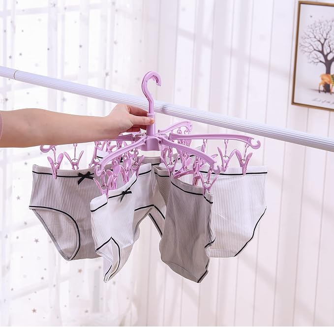 Clothes Sock Drying Hanger with 24 Clips,Foldable Hanging Rack | hanger with 24 clips for drying,drying rack clothing, for Lingerie Baby Clothes Drying Towels laundry hanger(Pink)
