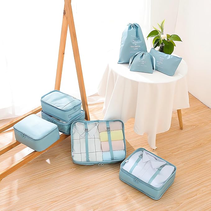 LANSKLBD 6/8 Set Packing Cubes for Suitcases Travel Luggage Packing Organizers,Travel Accessories Essentials Luggage Organizer with Shoe/Tioletry/Laundry Bag (Light Blue, 8 set)