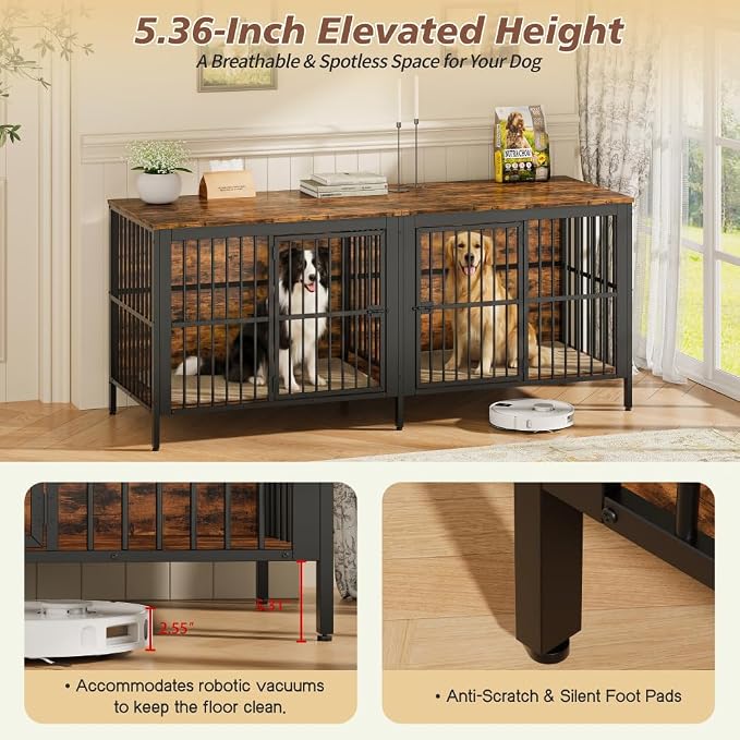 80" Dog Crate End Table, Heavy Duty 2-Door Indoor Pet Kennel, Rustic Brown, MDF and Iron, TV Stand or Side Table for Living Room