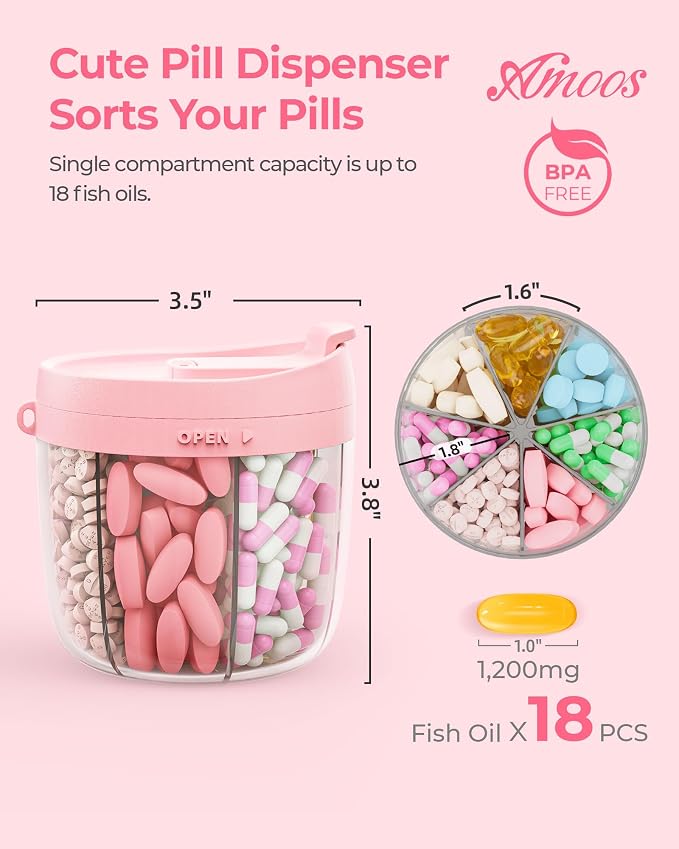 AMOOS Cute Pill Dispenser with Anti-Mix Design, 7-Slot, BPA-Free, Patented | Portable Travel Pill Organizer, Wide Mouth for Easy Access, Pill Bottle Organizer for Vitamins, Fish Oils, Supplements, Pink