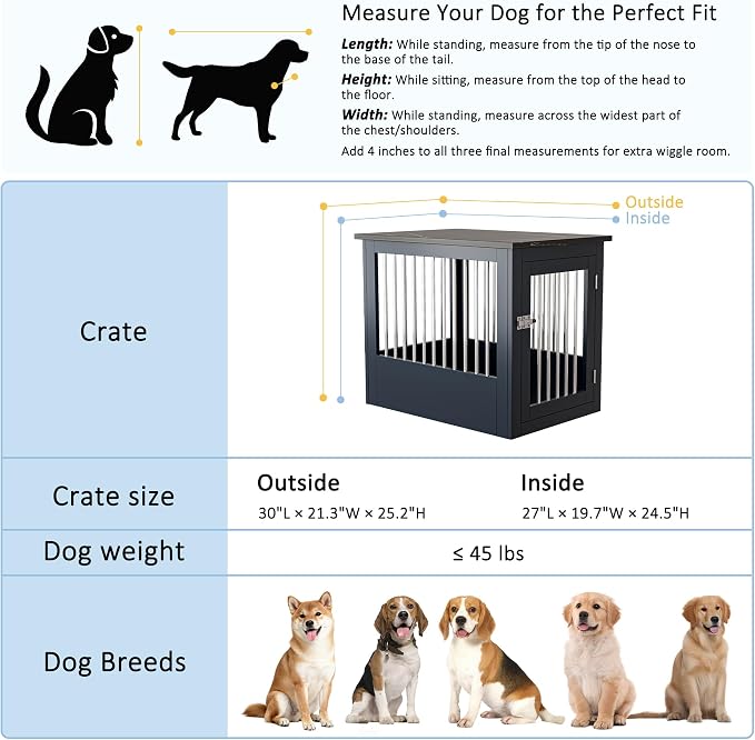 30" Wooden Dog Crate Furniture,Medium Kennel Pet Cage End Table for Indoor | for Small Medium Dogs, Grey and Black, Fits Living Room Bedroom, Heavy Duty Steel Frame with Lock 45 lbs Cap, 100 lbs Top.