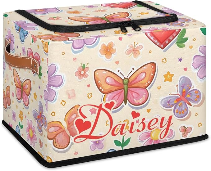 Custom Cute Butterfly Storage-Bin With Zipper Lid for Kids-Girls-Boys-Baby-Pet,Personalized Name Foldable Storage Box with Handle,Baby Basket With Label for Bedroom Nursery Toy Clothes,Light Yellow