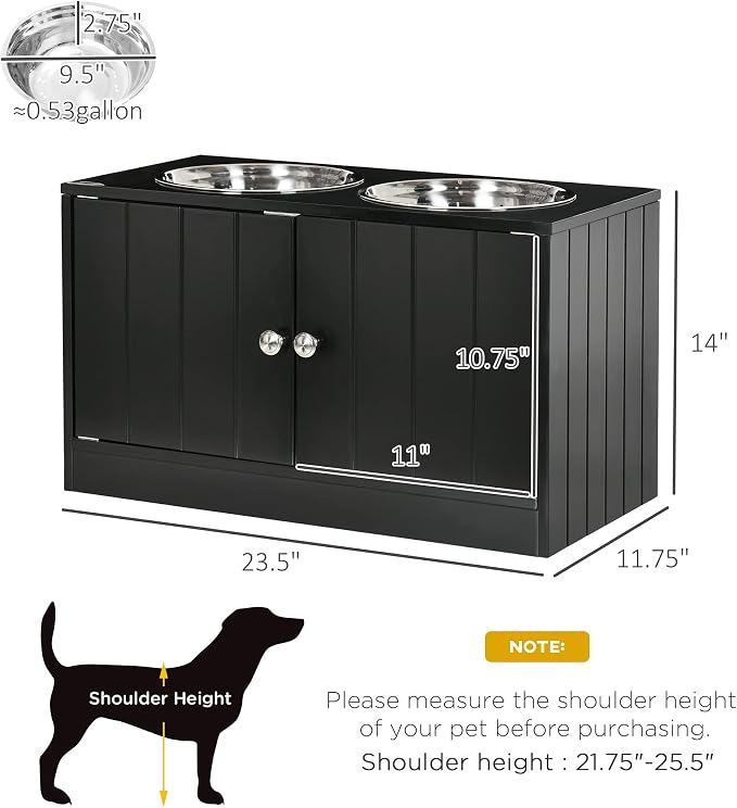 PawHut Large Elevated Dog Bowls with Storage Cabinet 44L Capacity Black | Raised Dog Bowl Stand, Pet Feeding Station