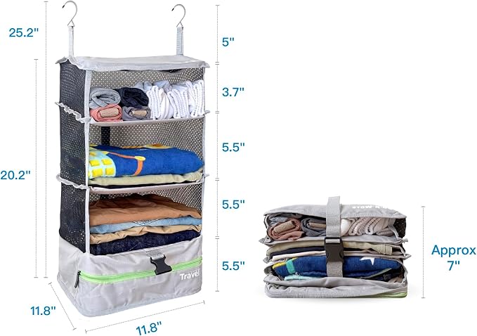 Stow-N-Go Portable Hanging Travel Shelves, Packing Organizer for Luggage. Carry on Closet with Hanger for Clothes. Expandable Packing Cube. Travel Essentials, Light Gray - L