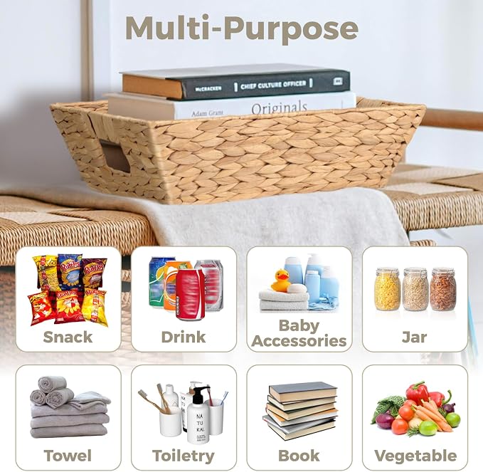 Set of 3 Snack Baskets, Water Hyacinth Basket,Wicker Snack Basket Organizer | Small Wicker Baskets with Handles, Woven Baskets for Storage (3 Medium Basket)