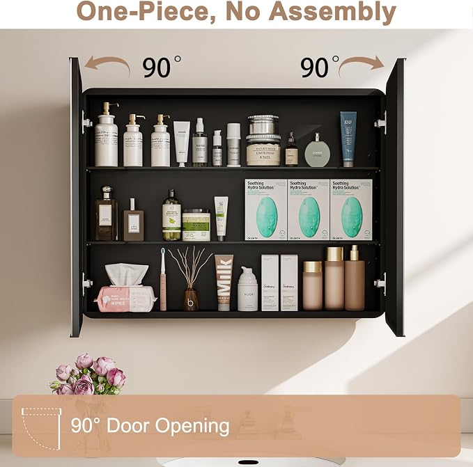 32x24 in Double Door Medicine Cabinet with Mirror, Matte Black | Fully Assembled; Recessed or Surface Wall Mount; Metal Cabinet with Tempered Glass Mirror and Two Adjustable Glass Shelves