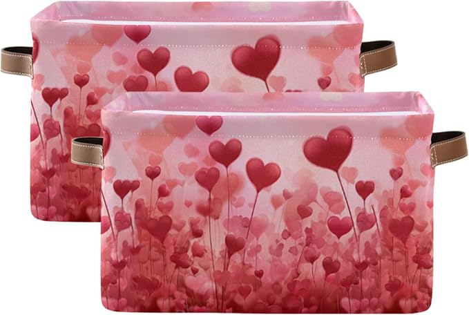 Wamika Happy Valentine’s Day Pink Storage Basket with Waterproof Liner and PU Handles Love Trees Heart Flowers Red Storage Boxes 14.2" Collapsible Decorative Baskets for Bedroom Closet Office 2 Pack