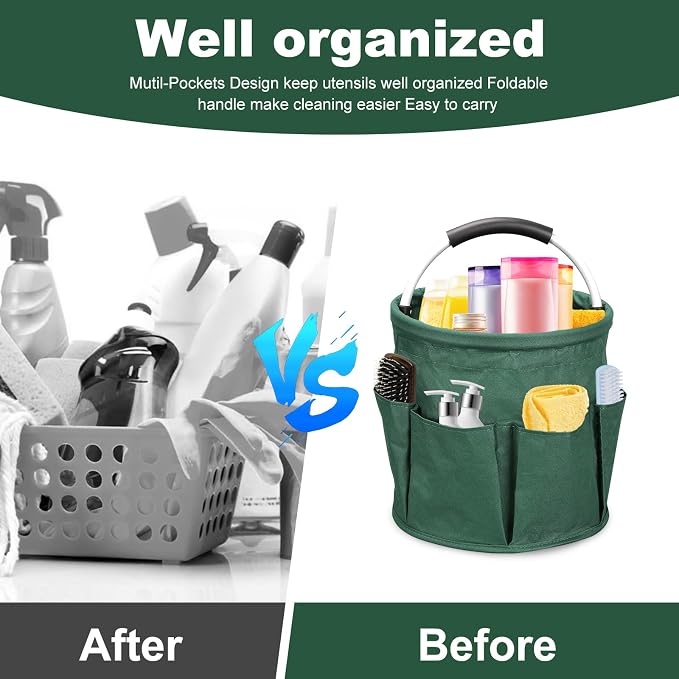 17L Portable Cleaning Bucket Organiser, 6 Pockets Foldable Cleaning Caddy with Handle Wearable Cleaning Caddy Bag for Outdoor Camping Garden Harvest Basket Home Bathroom Storage (Dark Green)