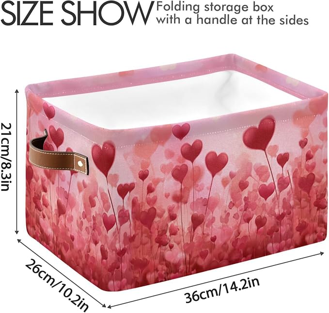 Wamika Happy Valentine’s Day Pink Storage Basket with Waterproof Liner and PU Handles Love Trees Heart Flowers Red Storage Boxes 14.2" Collapsible Decorative Baskets for Bedroom Closet Office 2 Pack